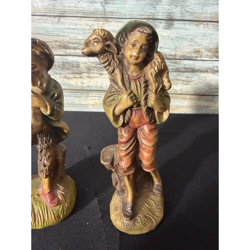 2 Vintage Italy Nativity Shepherd Boy Lamb - Josiah Bagpiper Set 5.5